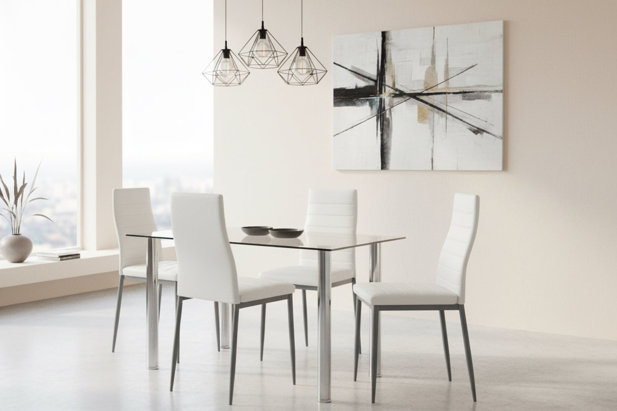 Dining table set with glass top and white chairs on a white background