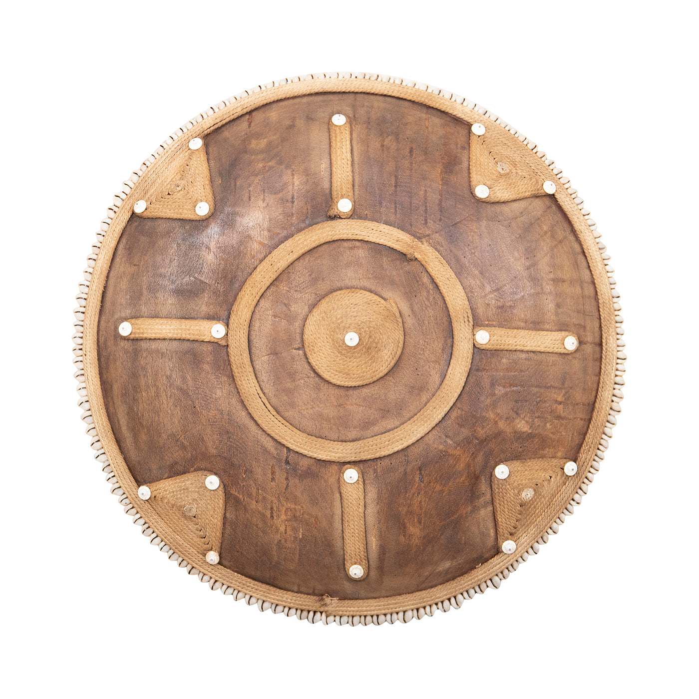 Wooden wall art with circular gears on a white background