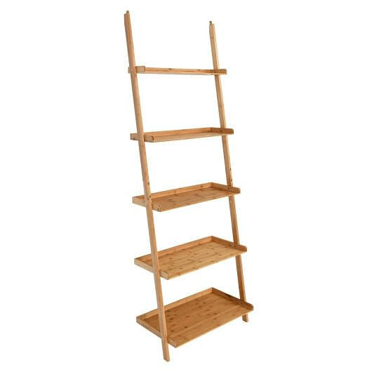 Wooden ladder shelf with four shelves on a white background