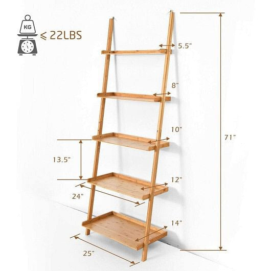 Wooden ladder shelf with dimensions and weight limit on a white background