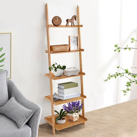 Wooden ladder shelf with decorative items in a living room setting