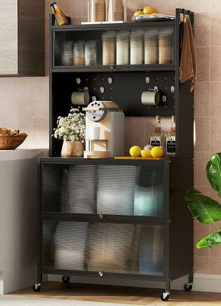 5 Tier Kitchen Bakers Rack with Lights Multifunctional Microwave Stand with Flip Door Cabinets-Black