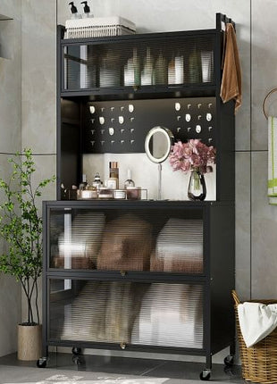 5 Tier Kitchen Bakers Rack with Lights Multifunctional Microwave Stand with Flip Door Cabinets-Black