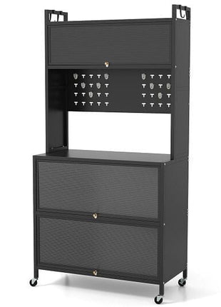 5 Tier Kitchen Bakers Rack with Lights Multifunctional Microwave Stand with Flip Door Cabinets-Black