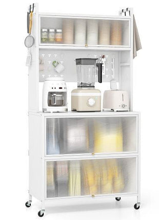 5 Tier Kitchen Bakers Rack with Lights Multifunctional Microwave Stand with Flip Door Cabinets-Black