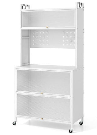 5 Tier Kitchen Bakers Rack with Lights Multifunctional Microwave Stand with Flip Door Cabinets-Black