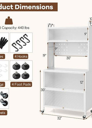 5 Tier Kitchen Bakers Rack with Lights Multifunctional Microwave Stand with Flip Door Cabinets-Black