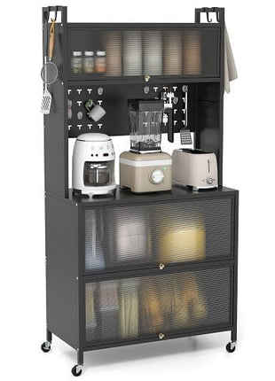 5 Tier Kitchen Bakers Rack with Lights Multifunctional Microwave Stand with Flip Door Cabinets-Black