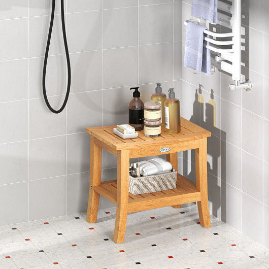 Hardy Haus 20-Inch Non-Slip Shower Bench with Storage Shelf – Curved Teak Design