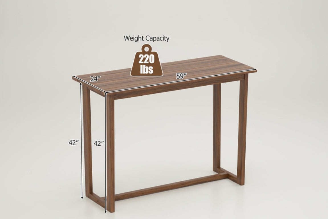 Wooden table with dimensions and weight capacity label on a white background