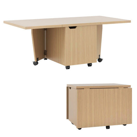 Wooden desk with a storage unit on a white background