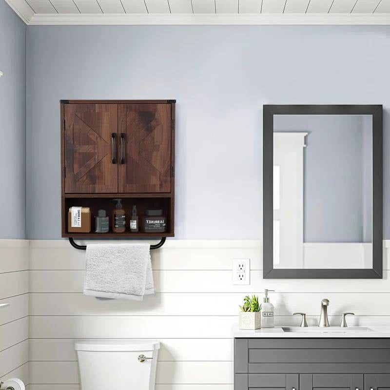 Bathroom with wooden cabinet, mirror, and sink area.
