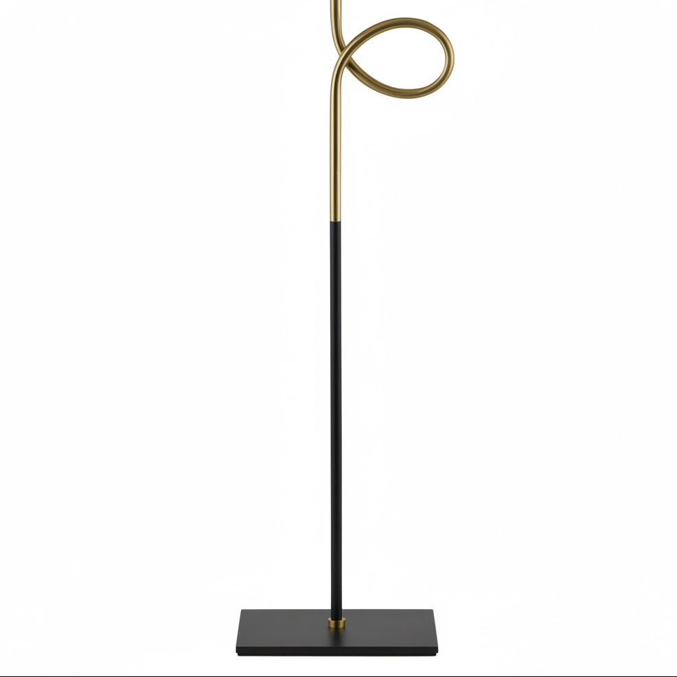 Black stand with gold accents on a white background