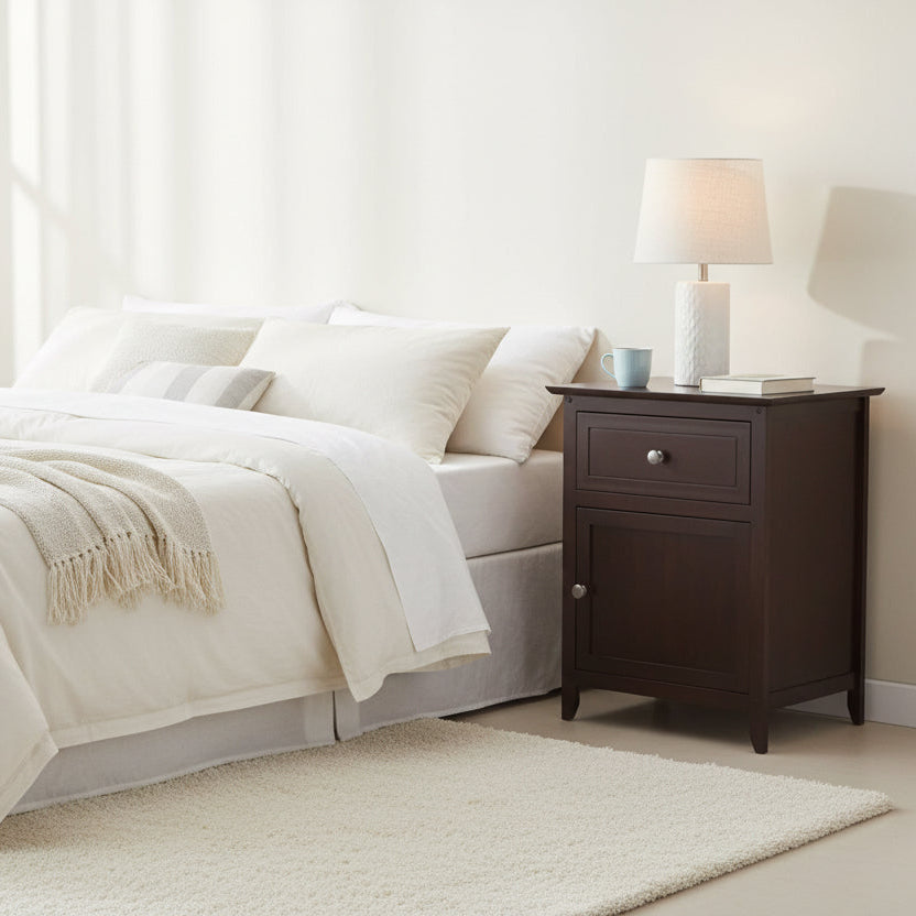 Dark wood nightstand with a drawer and open cabinet door on a white background