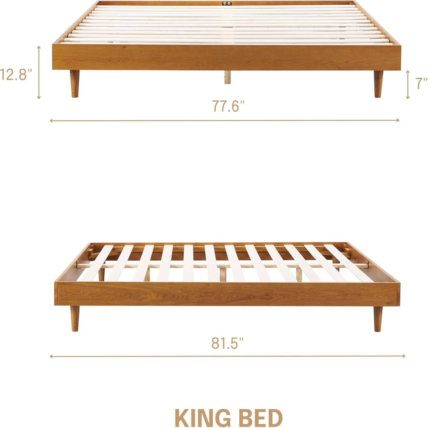 Wooden king bed frame with dimensions on a white background