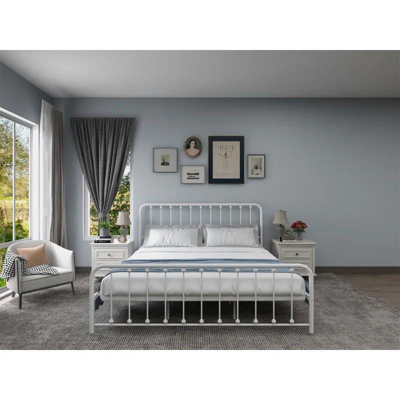 King White Metal Platform Bed Frame with Rounded Corners Headboard Footboard-1