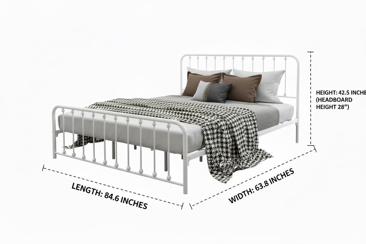 King White Metal Platform Bed Frame with Rounded Corners Headboard Footboard-3
