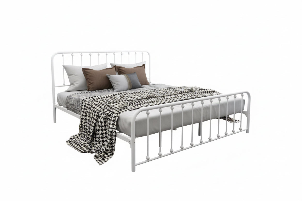 King White Metal Platform Bed Frame with Rounded Corners Headboard Footboard-4