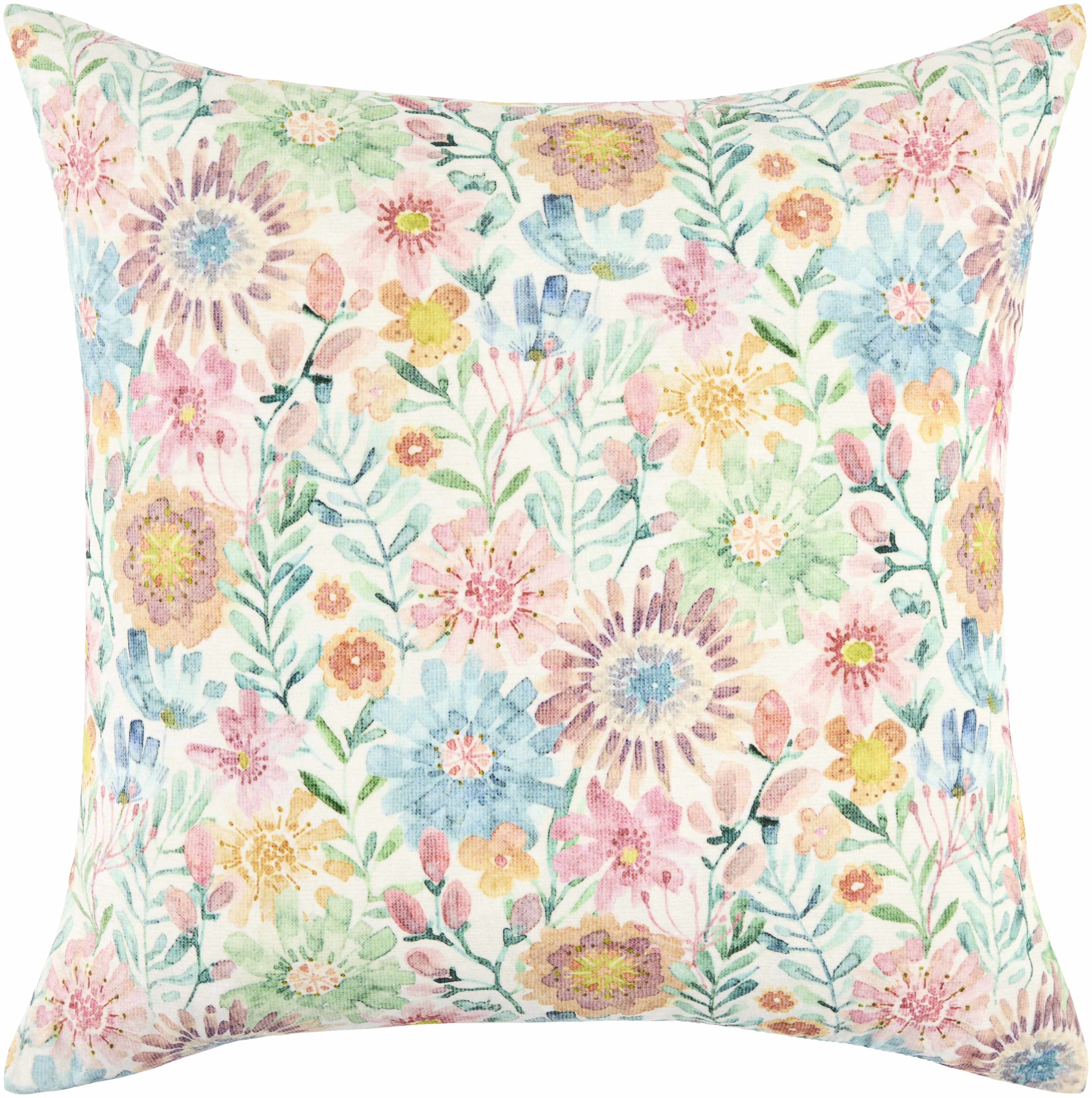 Floral patterned pillow with pastel colors on a white background