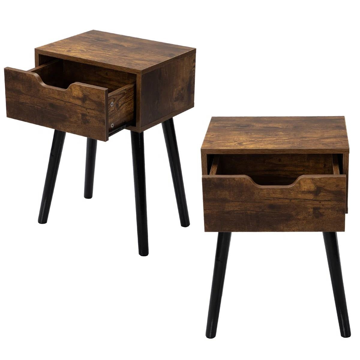 Two wooden nightstands with drawers on a white background