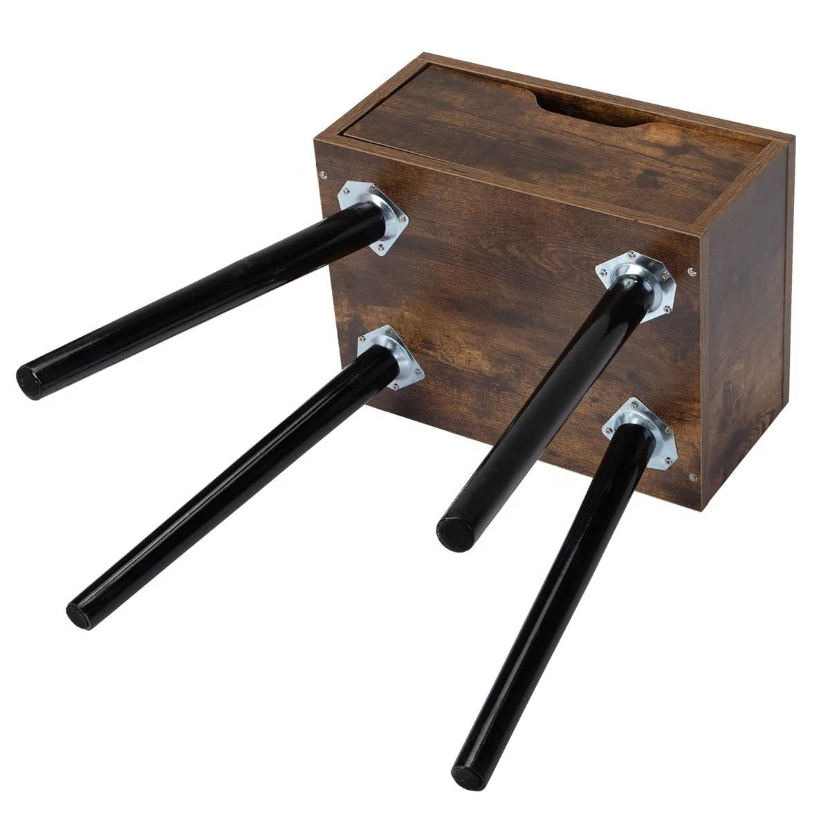 Wooden box with black metal legs on a white background