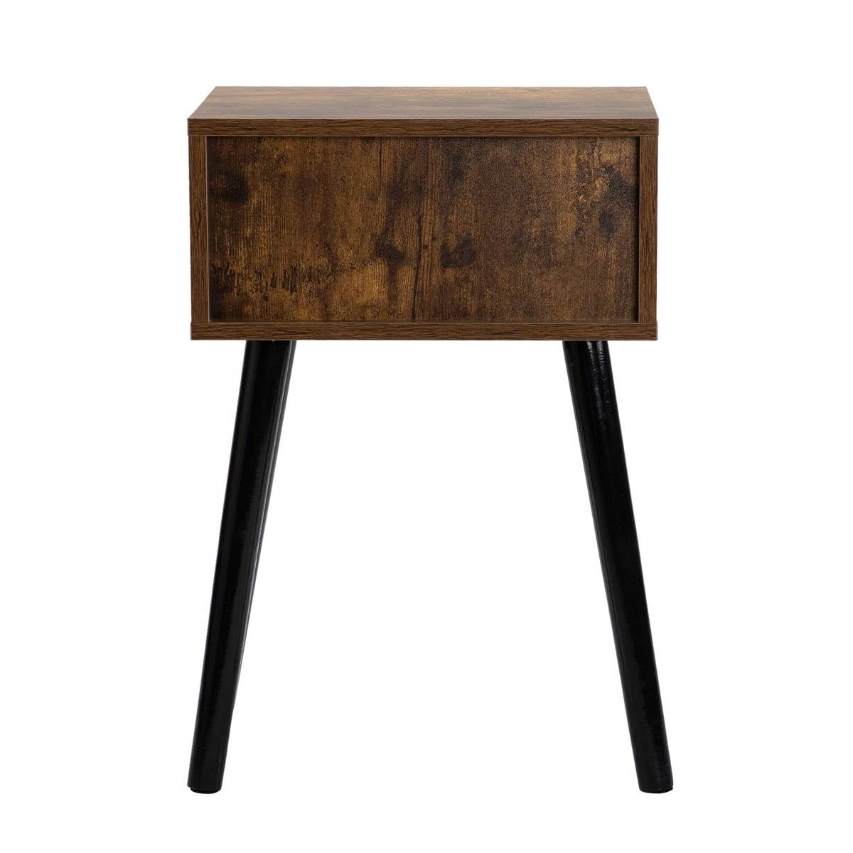 Wooden side table with a single drawer on a white background