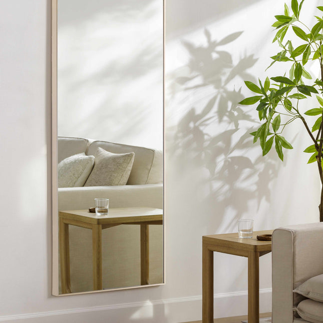 Large floor mirror with gold frame in a room with a couch and plant
