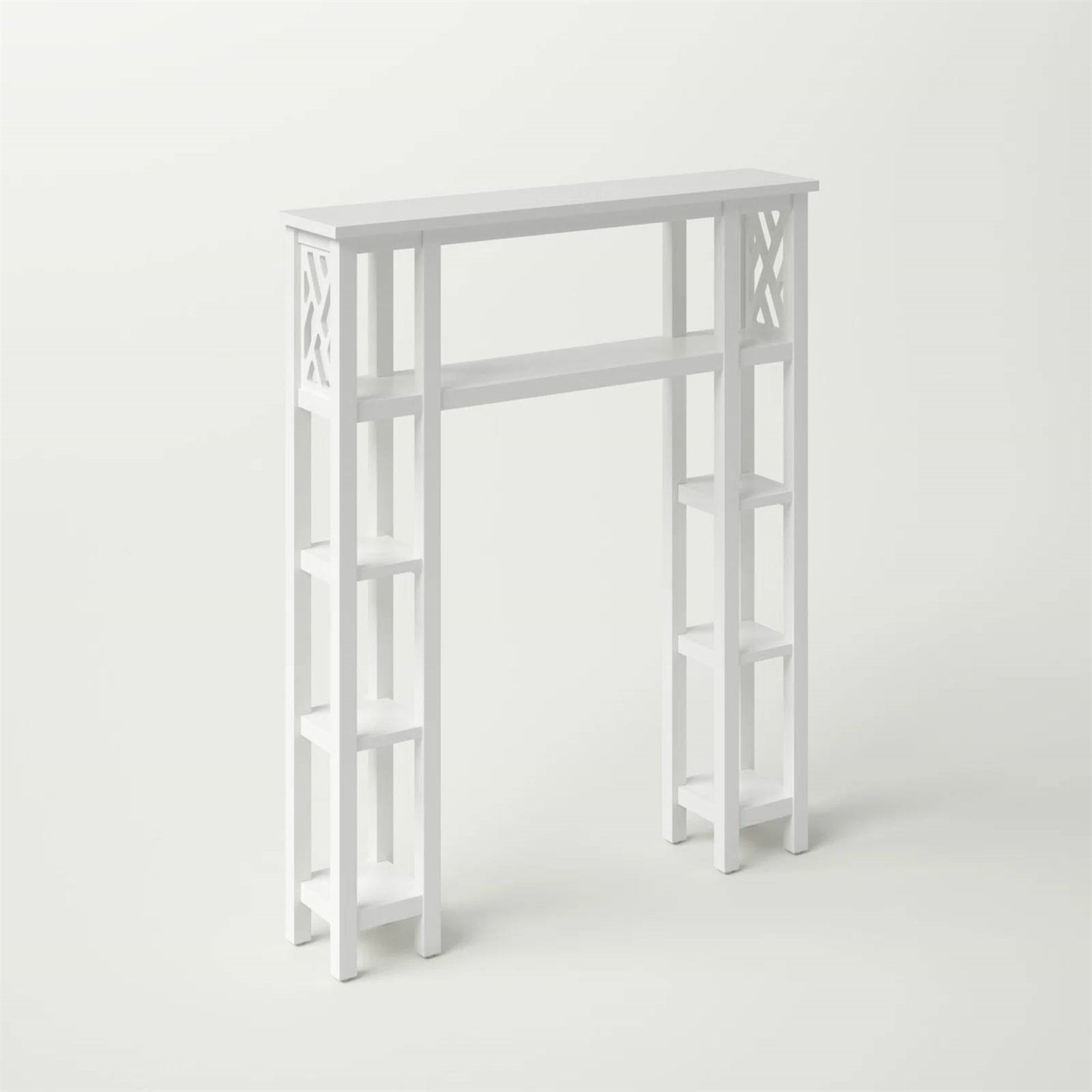 White console table with decorative cut-out design on a white background