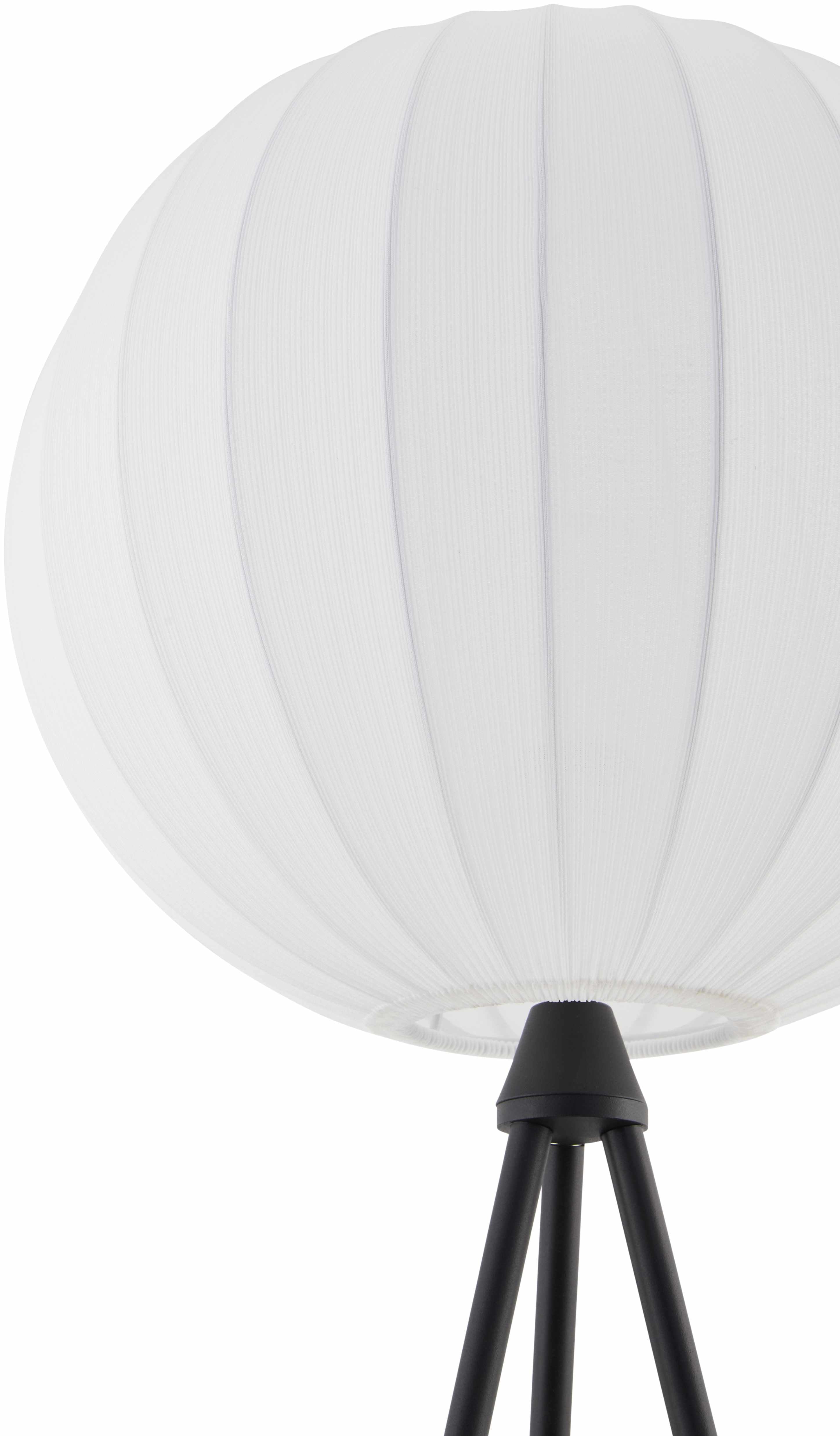 White spherical lamp with black tripod base on a white background