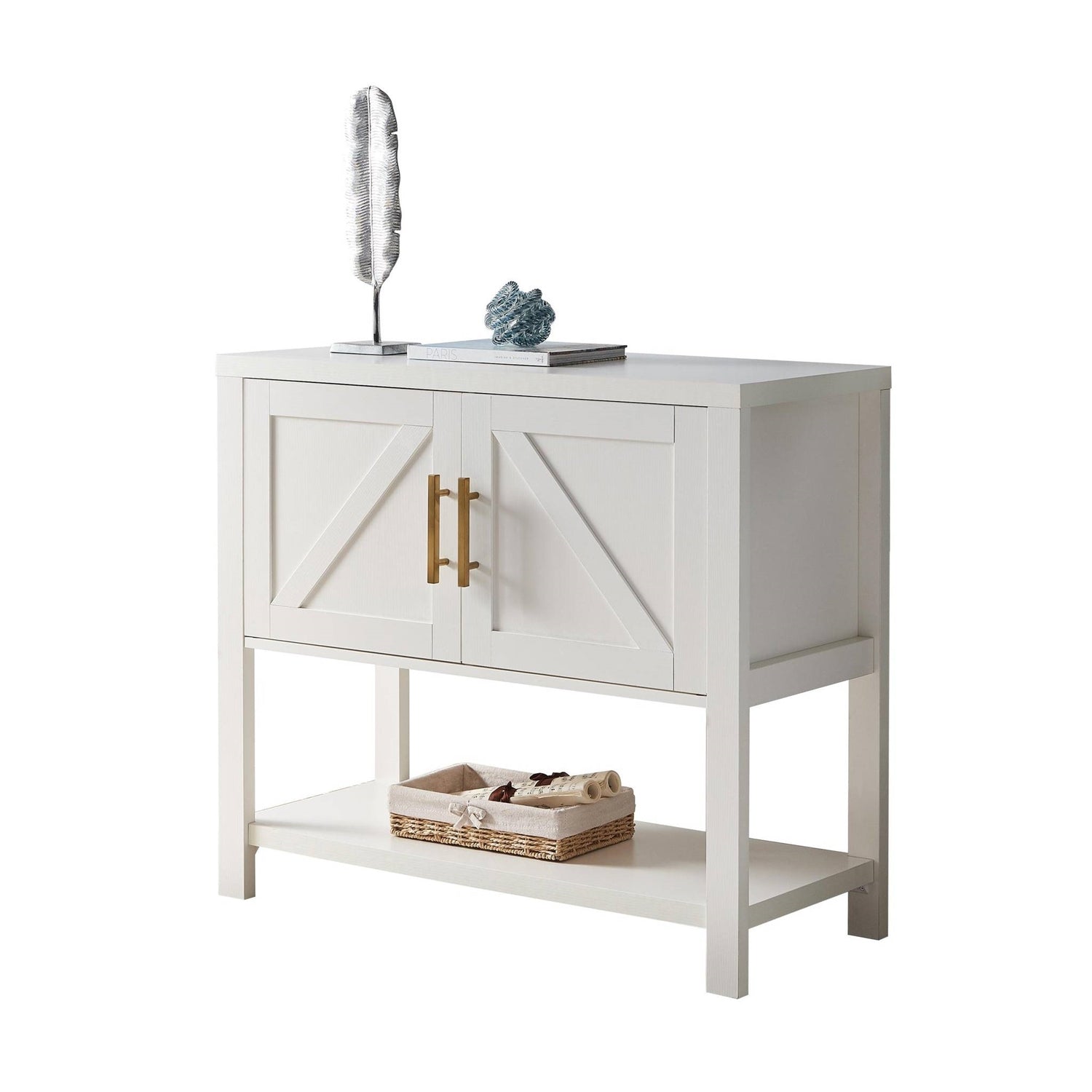 White side table with gold handles on a white background