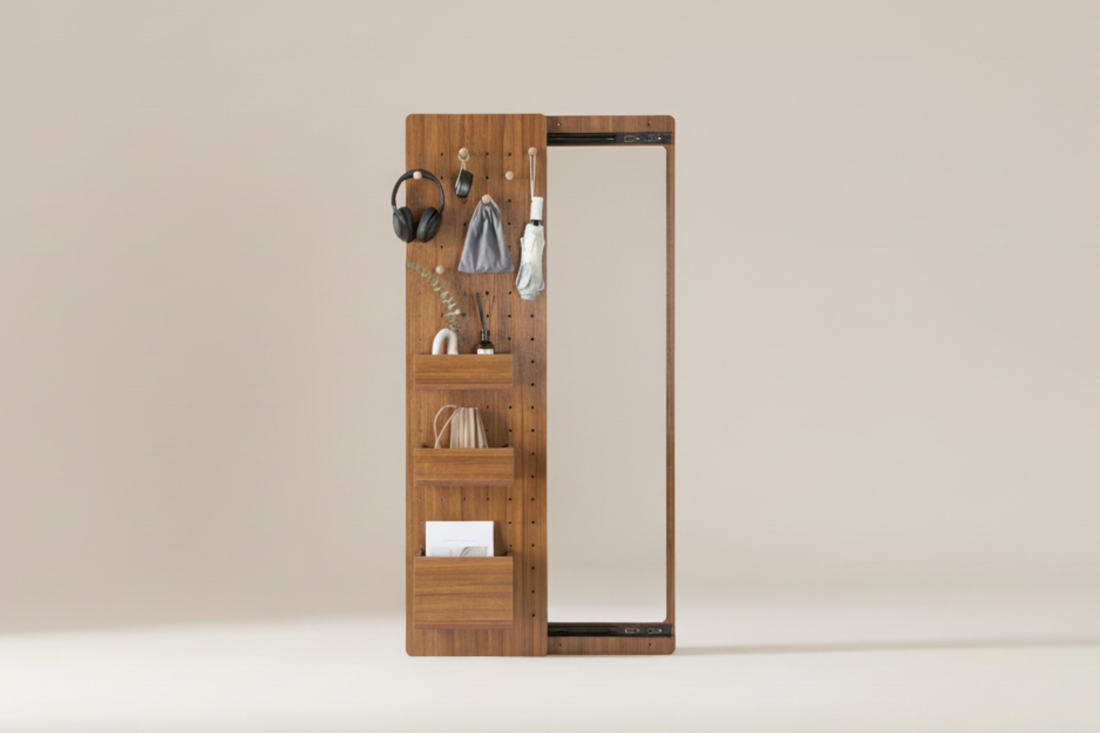 Walnut Pegboard Storage Dressing Mirror Cabinet-4