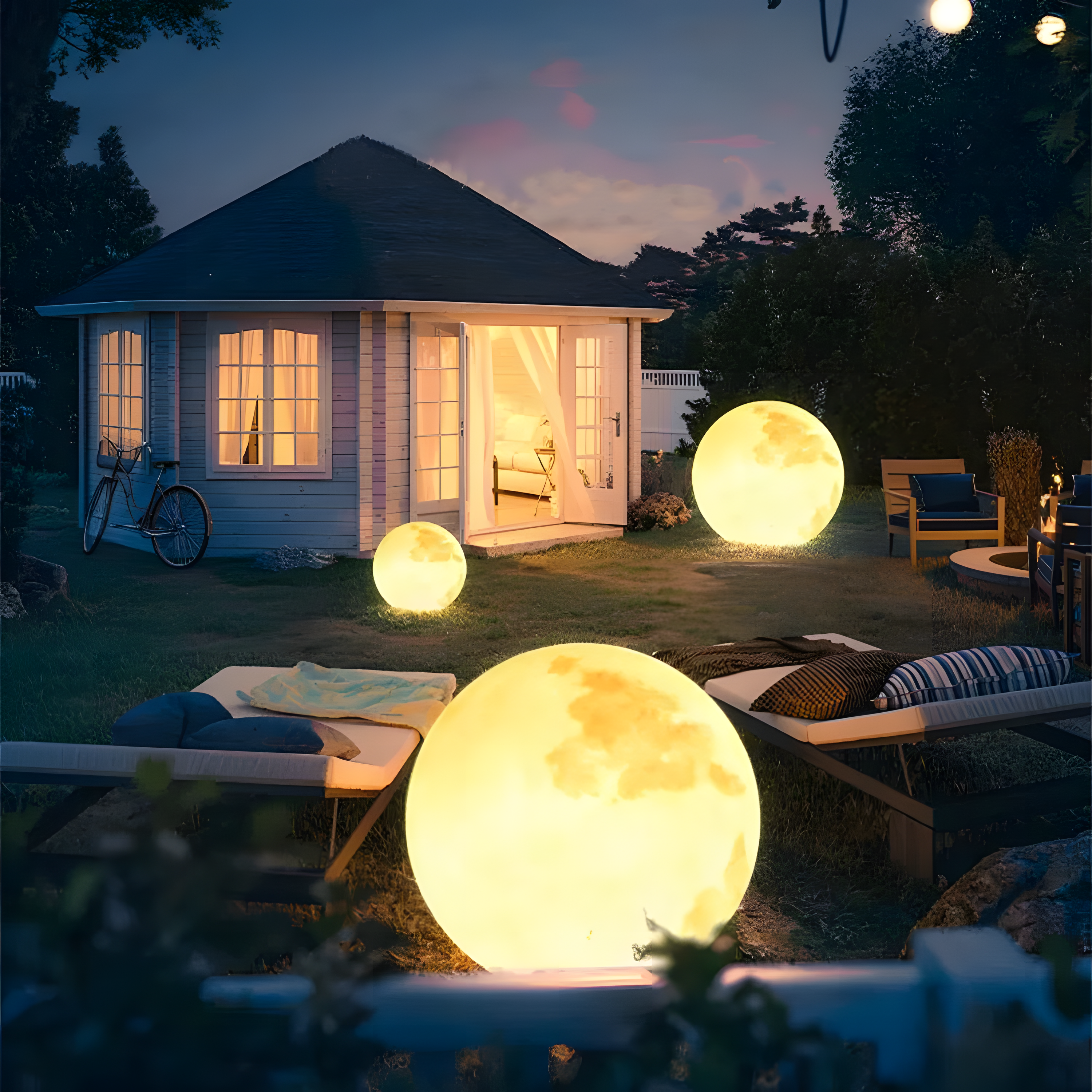 Glowing moon-shaped lamps in a backyard setting with a small building and outdoor furniture.