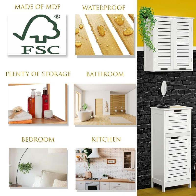 White wooden cabinet with features and usage scenarios on a collage.
