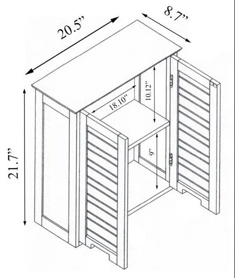 Product features including easy assembly, magnetic door, and louver door with dimensions on a white background.