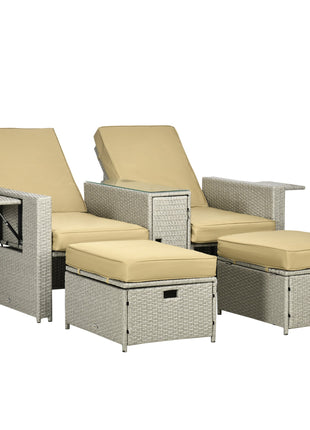 5 Piece PE Rattan Sun Lounger Set with Adjustable Recliners Beige-0