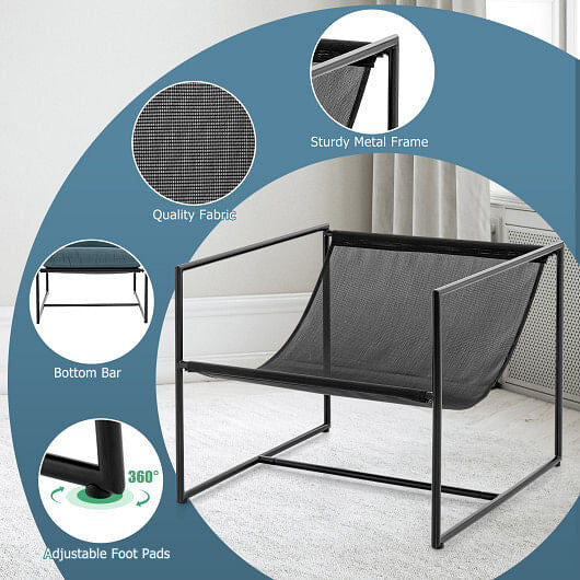 Black metal frame with mesh design on a white floor, surrounded by circular insets highlighting features.