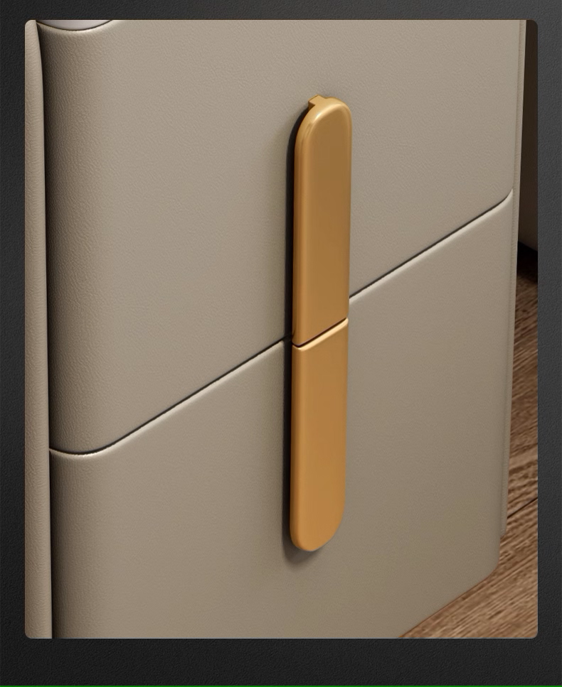 Beige cabinet with a gold handle on a wooden floor.