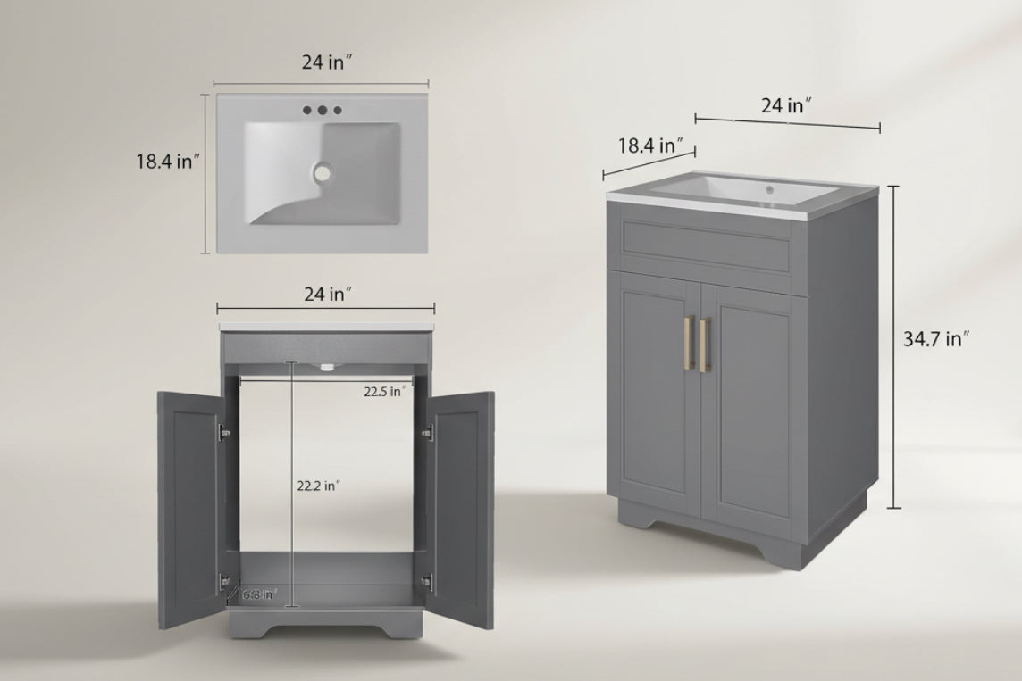Modern Gray Wood Finish Bathroom Vanity with White Ceramic Sink-4