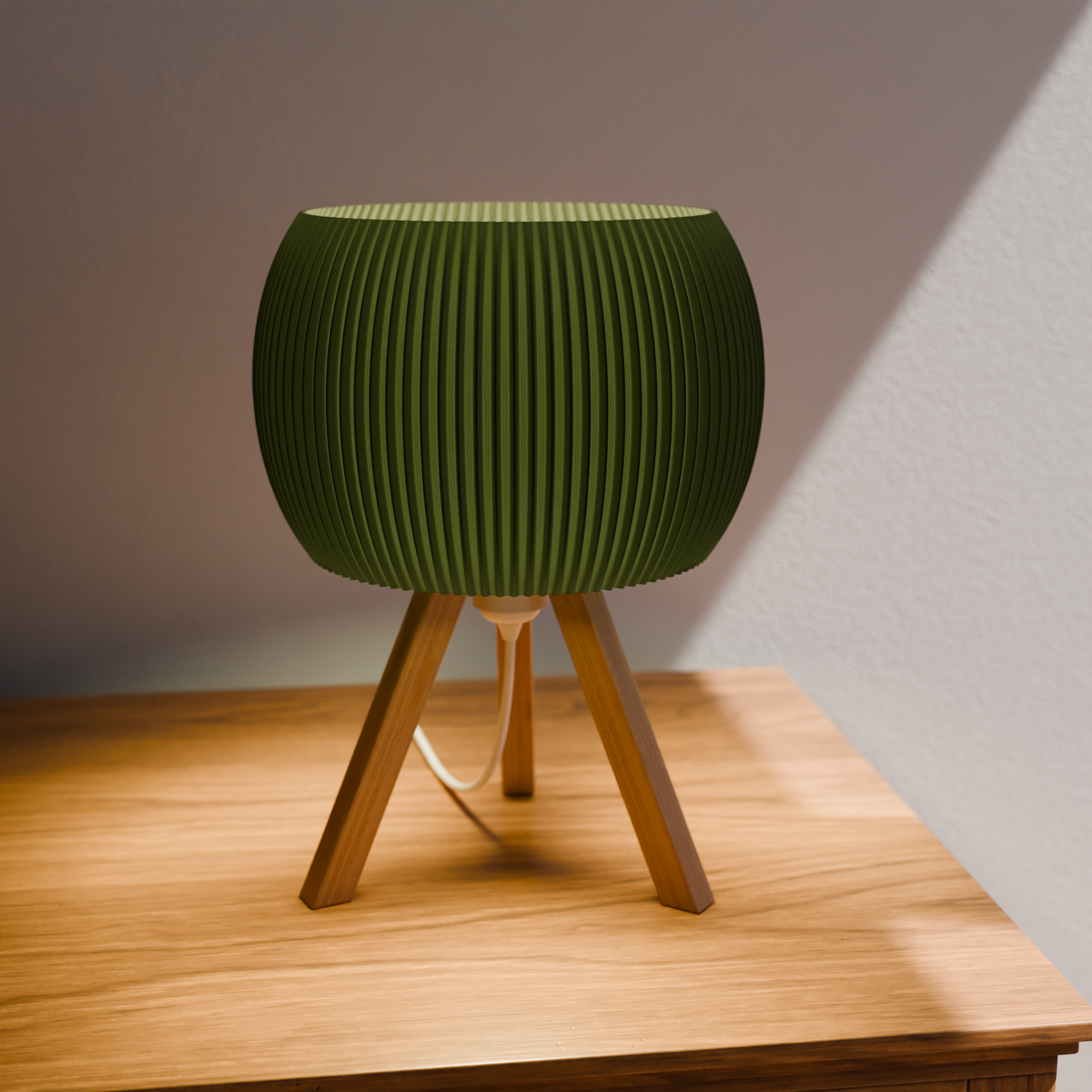 Green textured stool with wooden legs on a wooden surface