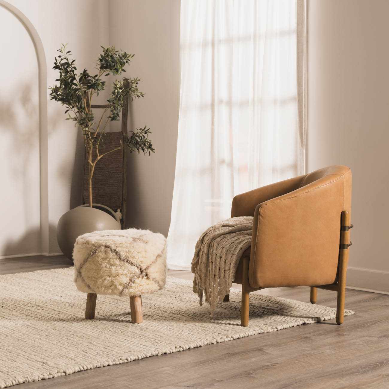 Cozy living room with a brown armchair, ottoman, and plant.