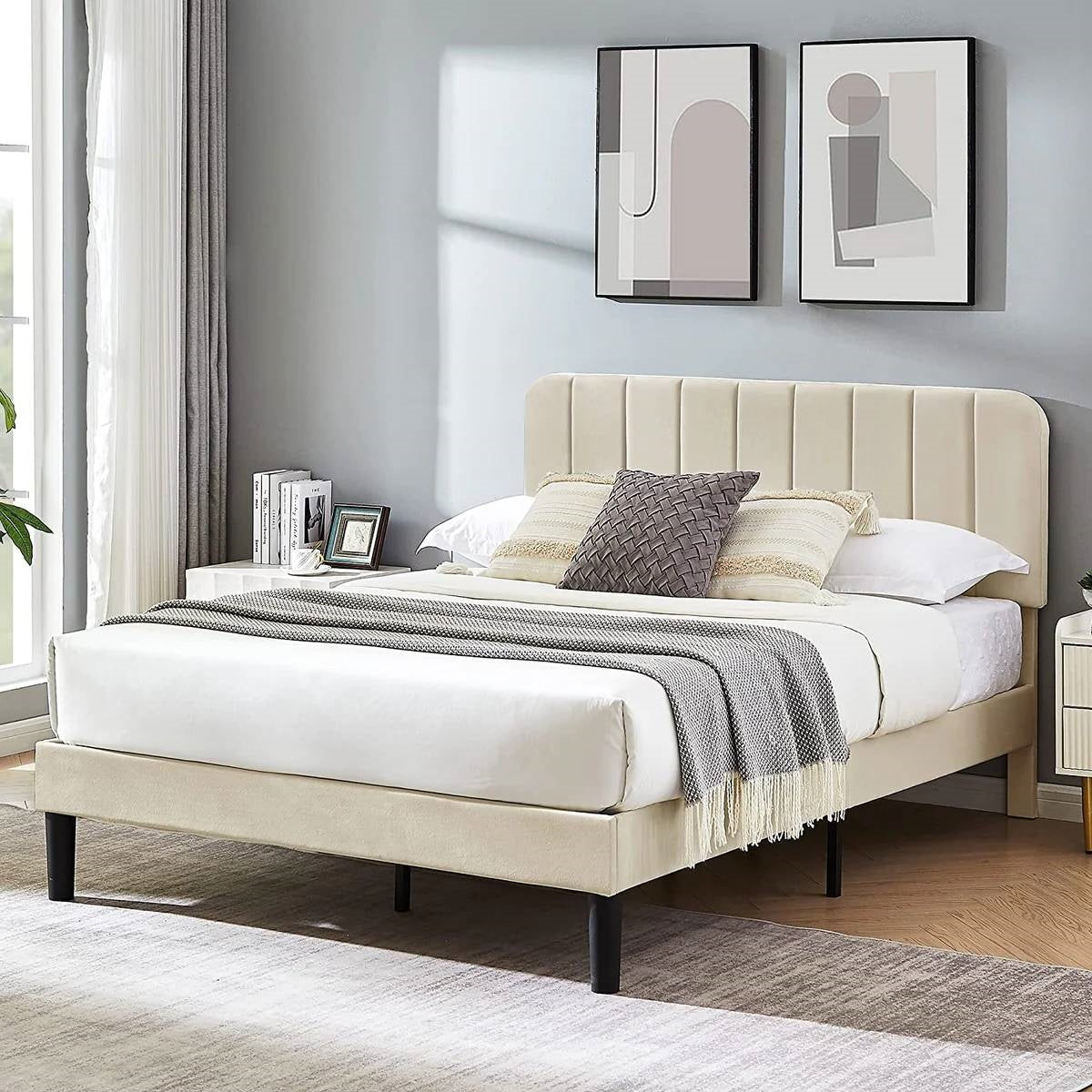 Queen size Beige Upholstered Platform Bed Frame with Headboard-1