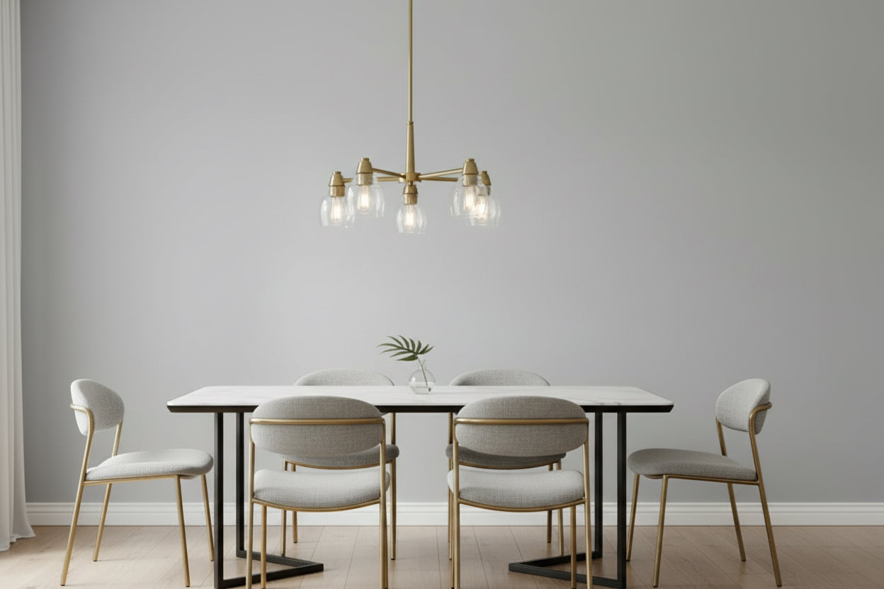 Brass pendant light fixture with clear glass shades on a white background