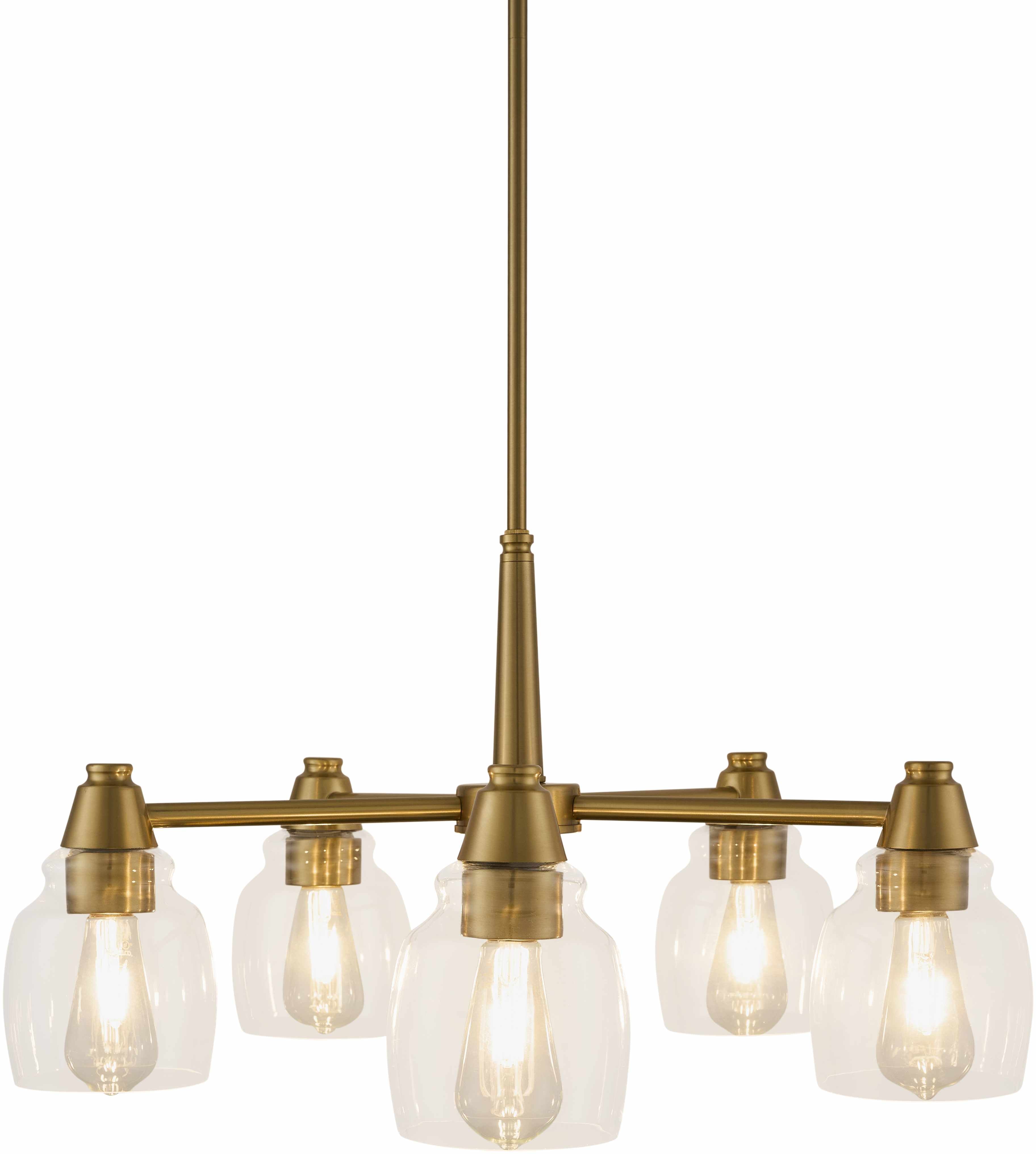 Brass pendant light fixture with clear glass shades on a white background