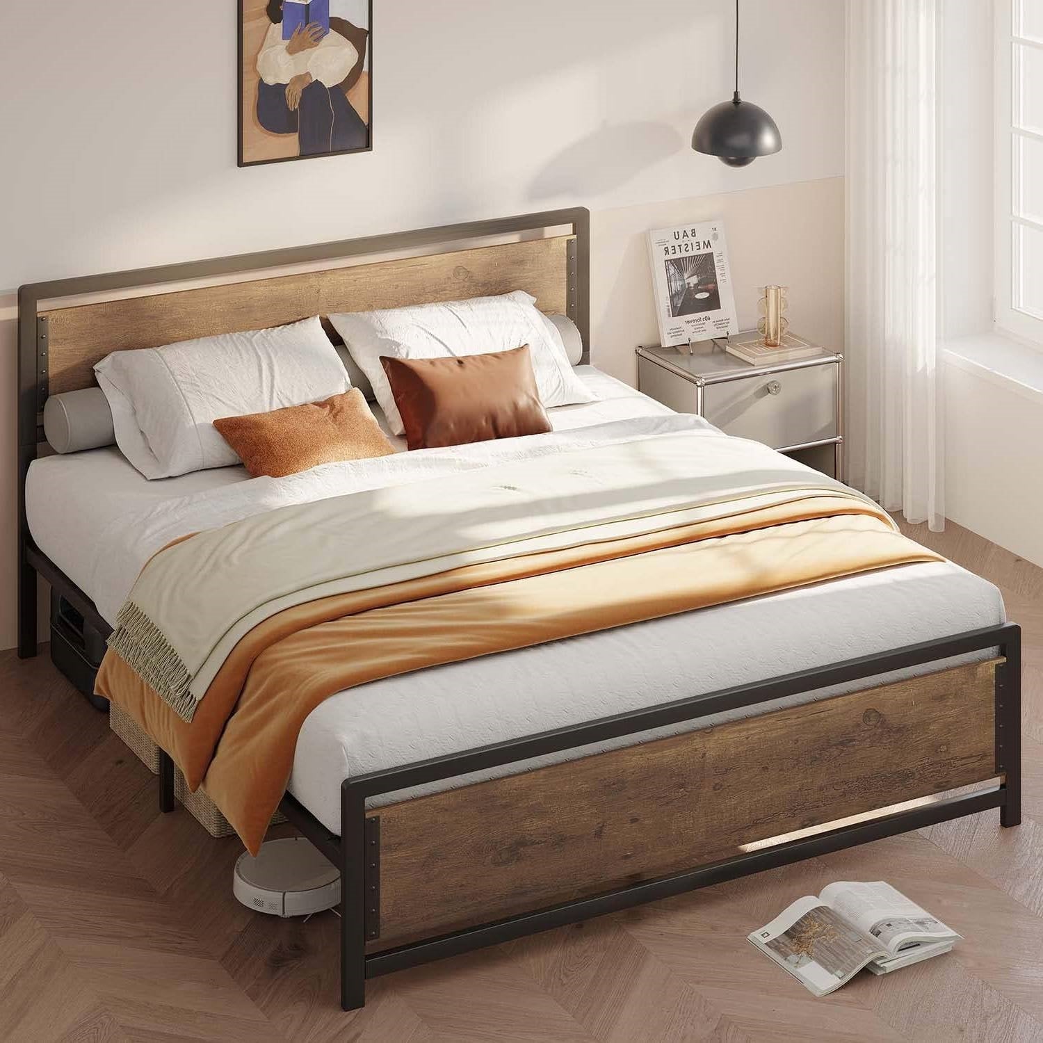 Wooden bed with white bedding and brown pillows in a bedroom setting.