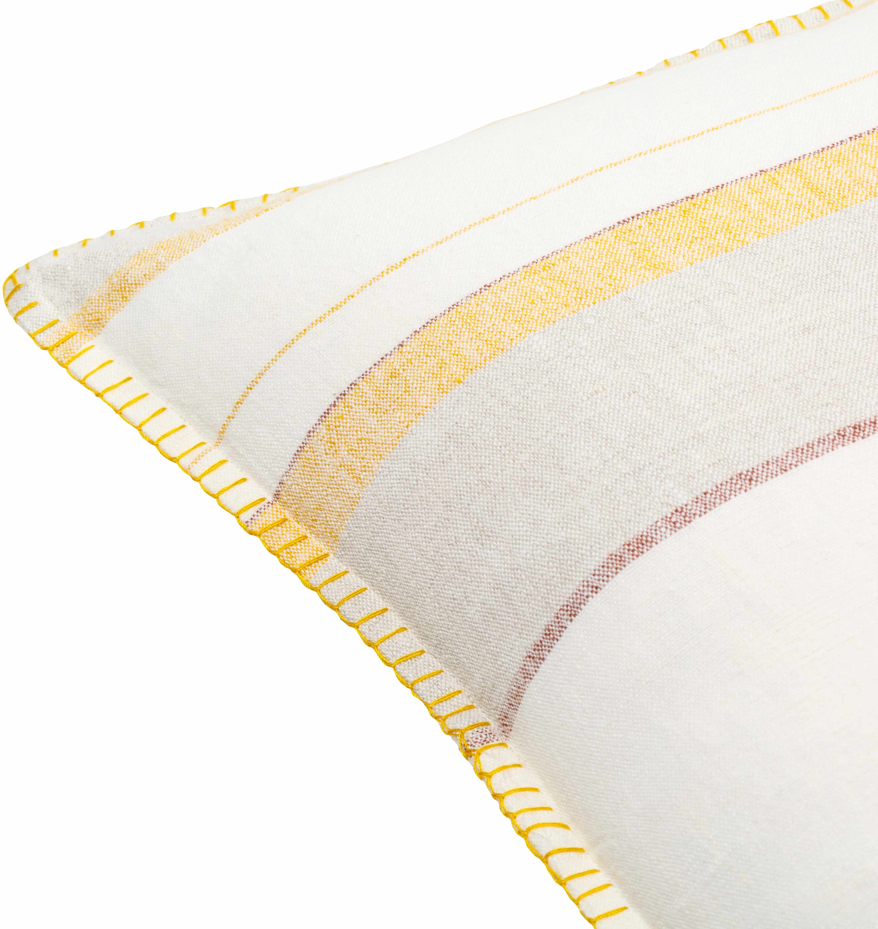 Close-up of a striped fabric with yellow and white border on a white background