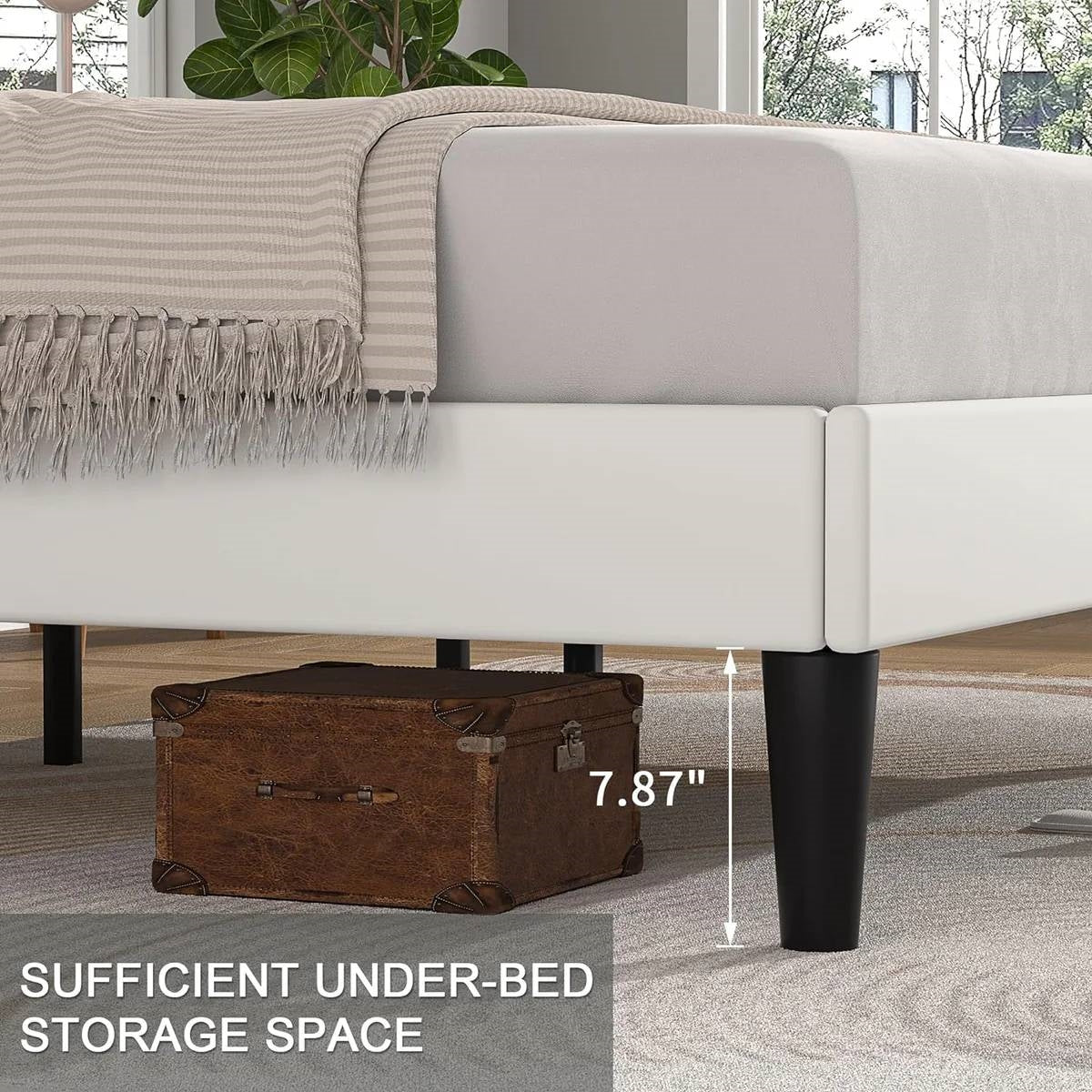 Queen size White Upholstered Platform Bed Frame with Headboard-2