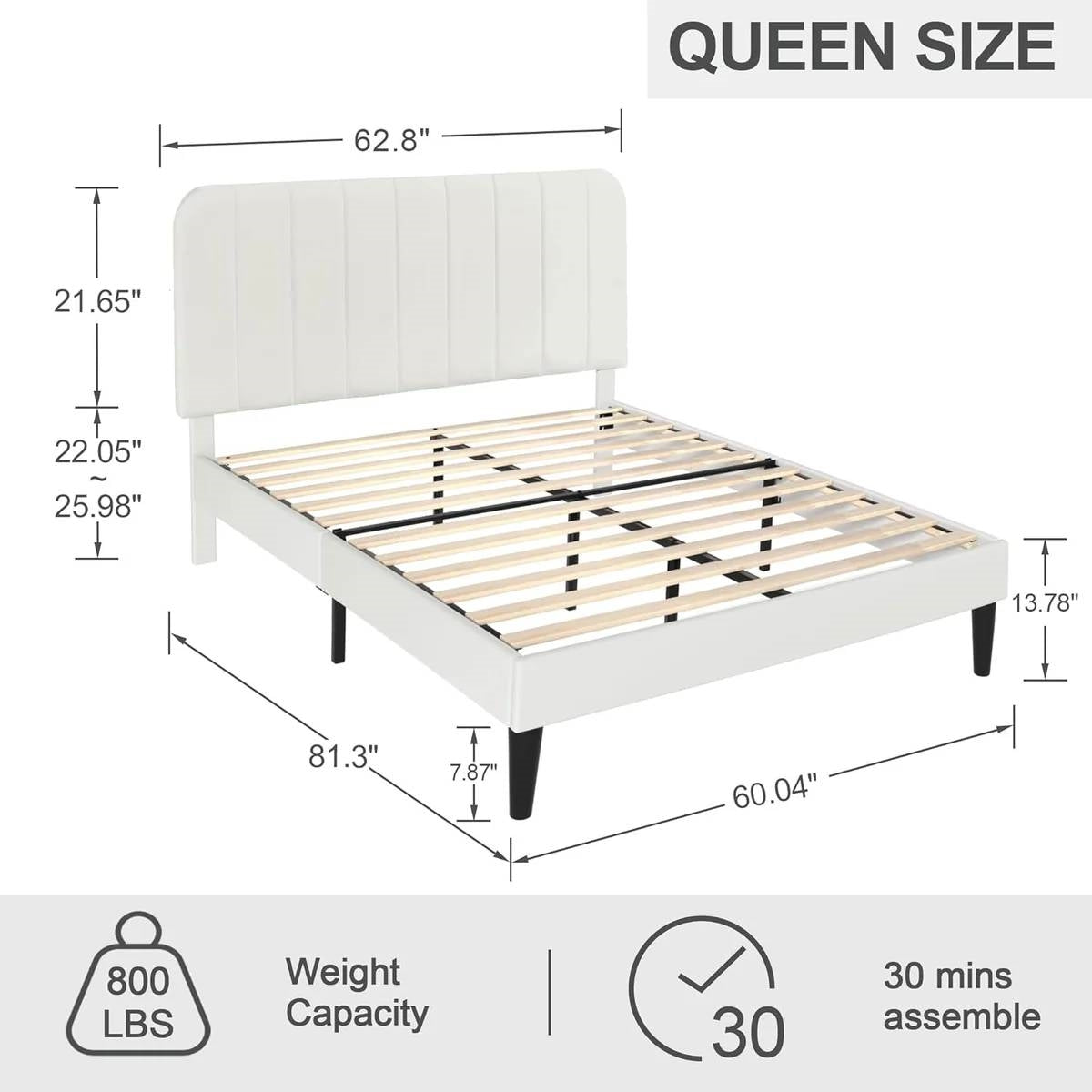 Queen size White Upholstered Platform Bed Frame with Headboard-4
