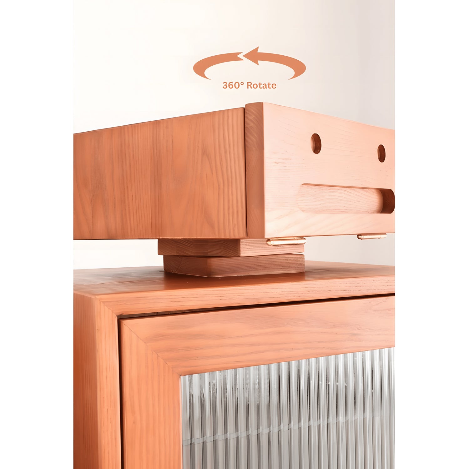 Wooden cabinet with a mirror and '360° Rotate' feature on a white background