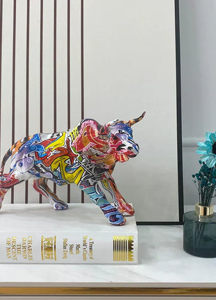 Graffiti Bull Figurine: Artistic Feng Shui Decor for Home and Office-2