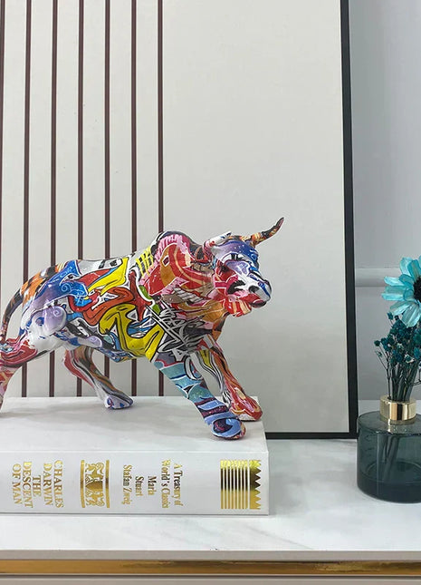 Graffiti Bull Figurine: Artistic Feng Shui Decor for Home and Office-2